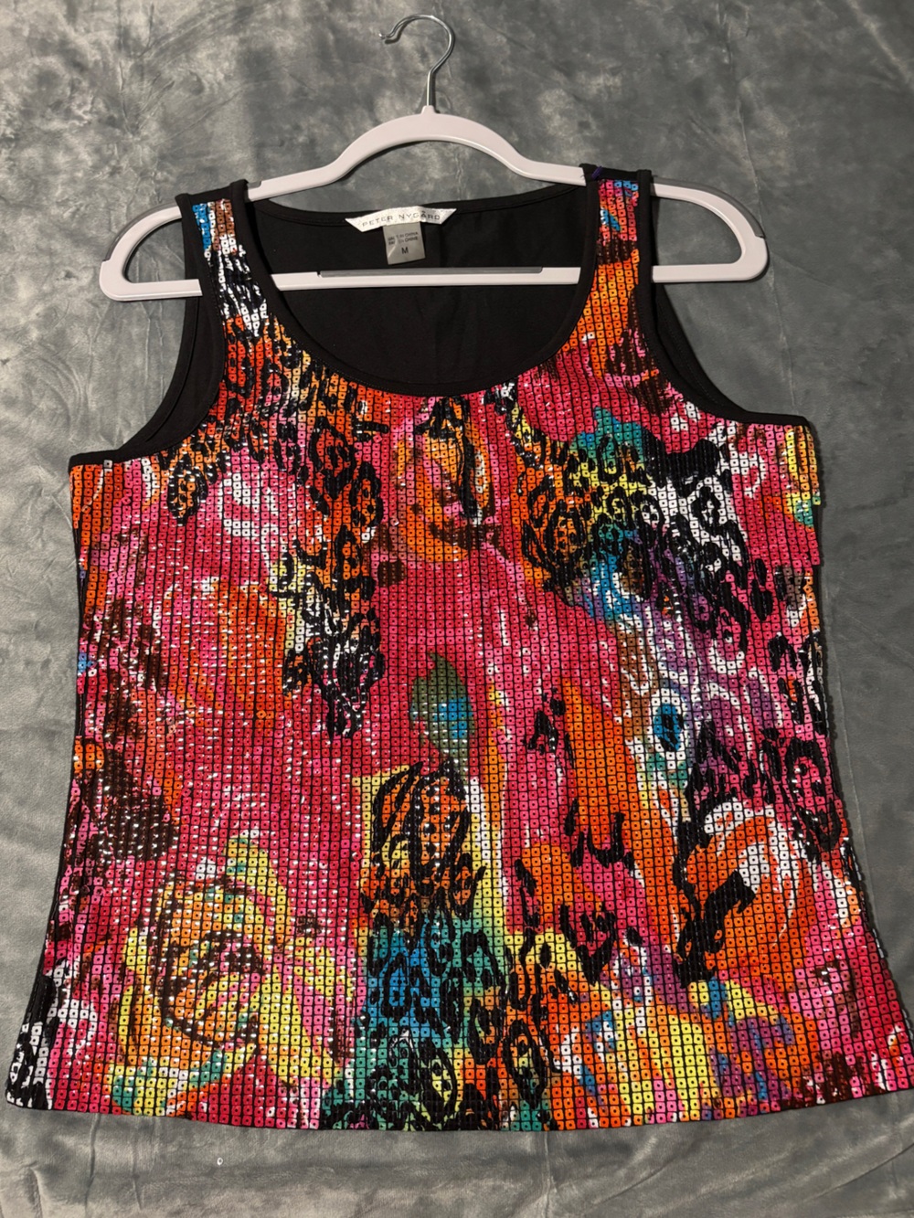 Gorgeous Peter Nygard Multi Color Sequin Scoop Neck Tank with Solid Black Back M